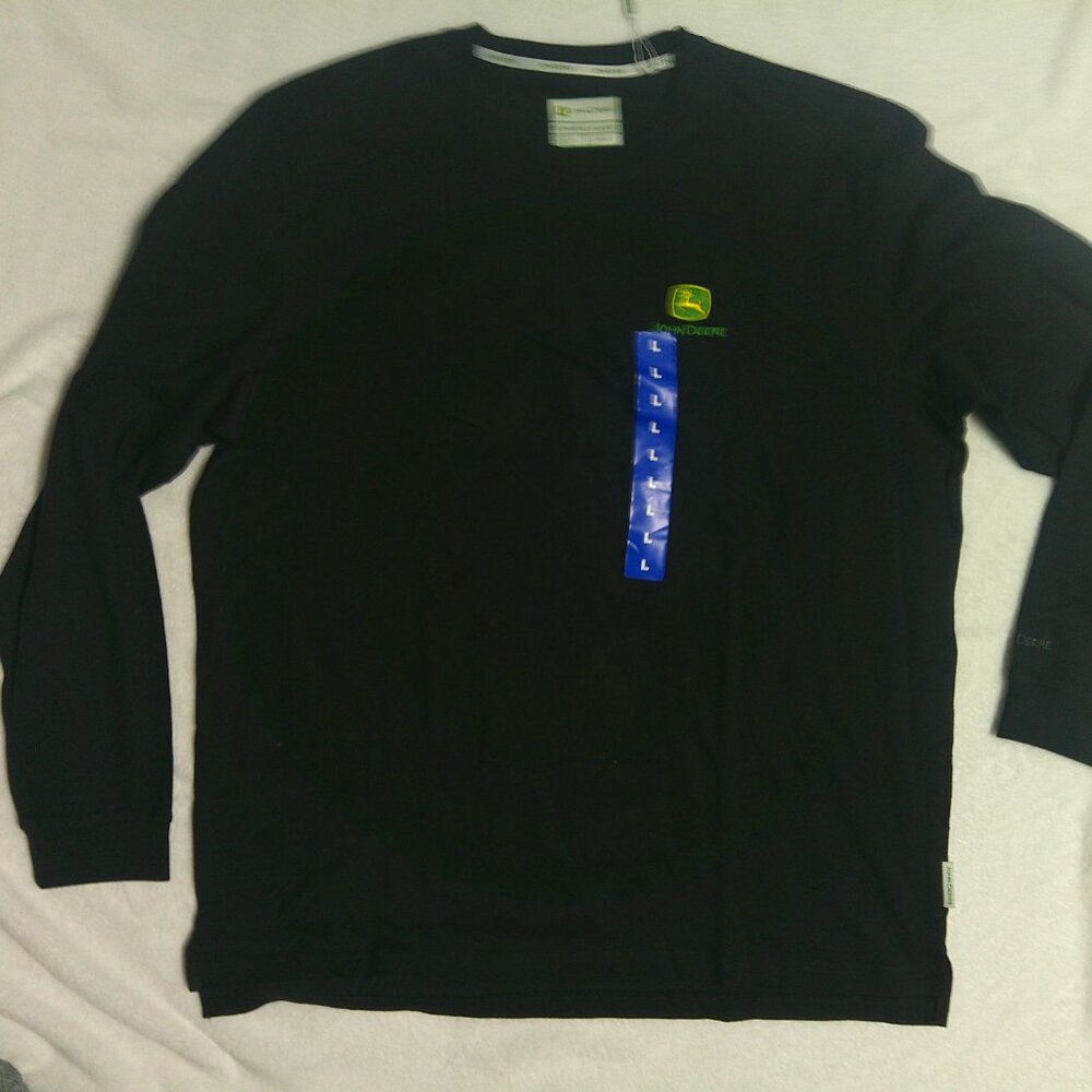 NEW with Tags John Deere Men's Long Sleeve Large Black Shirt 100% Cotton Logo